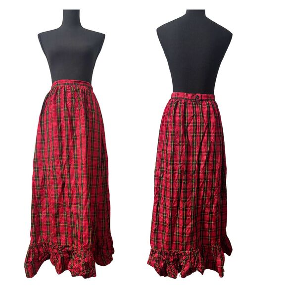 Vintage 90s Red Plaid Alt Grunge Academia Punk Retro Ruffled Maxi Skirt XS S - Picture 2 of 4